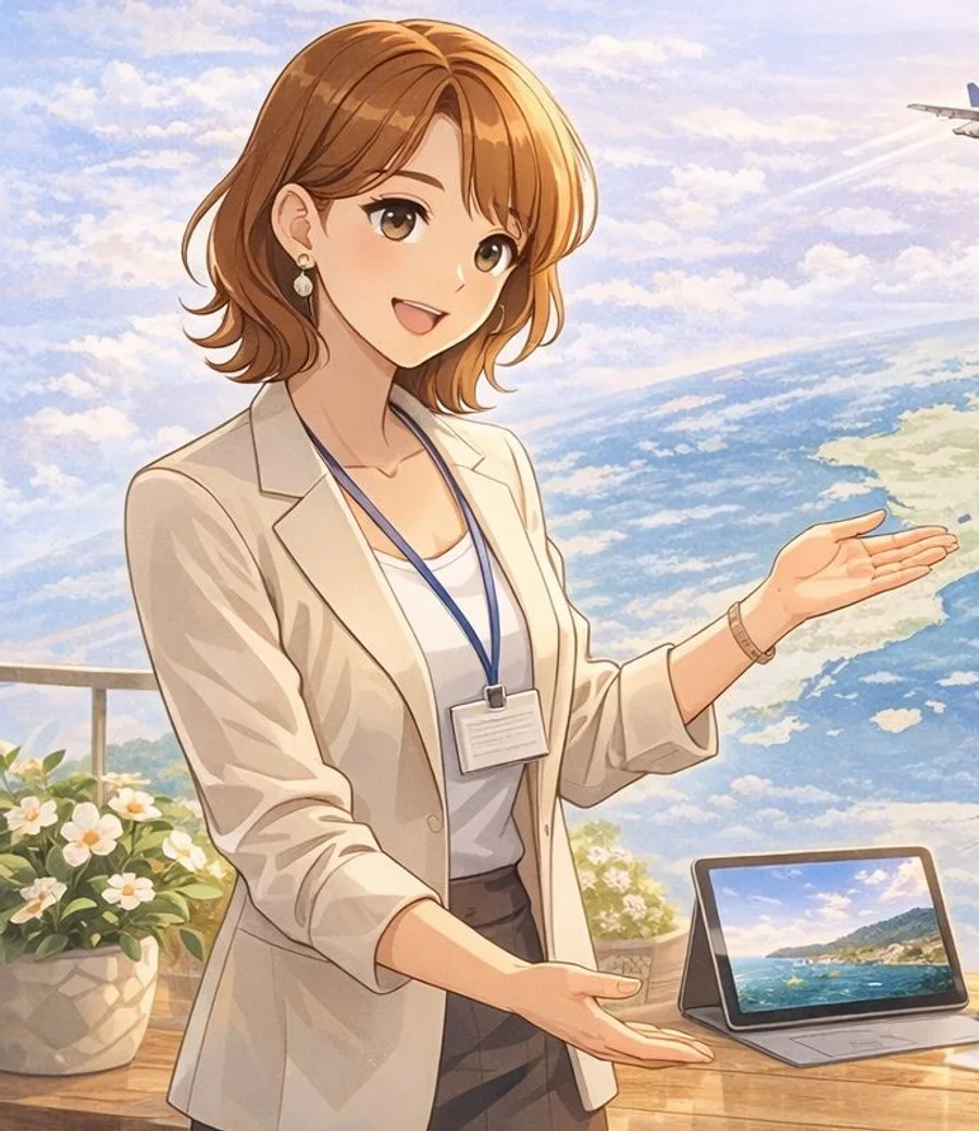 Illustrazione in stile anime realistico di una consulente di viaggio con una mappa tra Giappone e Sardegna