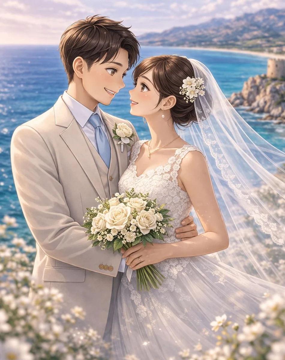 Coppia in abiti da matrimonio su una costa sarda in stile anime realistico